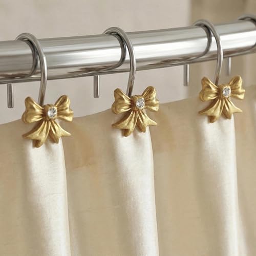Gold Bow Shower Curtain Hooks: Decorative Bathroom Curtain Rings, 12Pcs