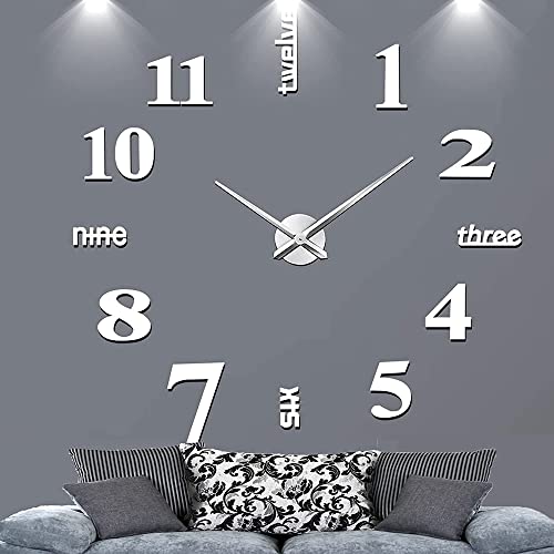 Cooltto DIY Reloj De Pared Grande Moderno 3D Sin Marco DiseñO Moderno DecoracióN De Pared Pegatinas Reloj De Pared para Dormitorio Sala De Estar Oficina Plateado Cover