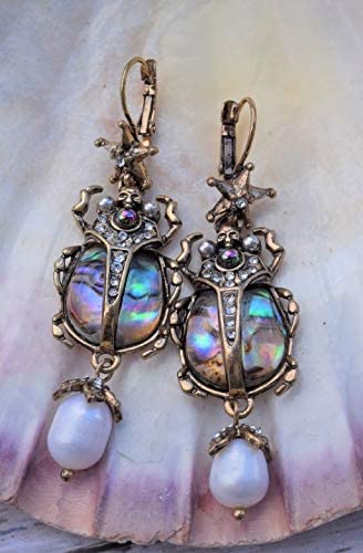 COLORFUL BLING Drop Dangle Earrings For Women - Vintage Jewelry For Women- Unique Beetle Bug Scarab Weird Earrings -Amazing Victorian Scarab Pearl Drop Jewelry - Fashion Abalone Shell Earring Gifts for Women2