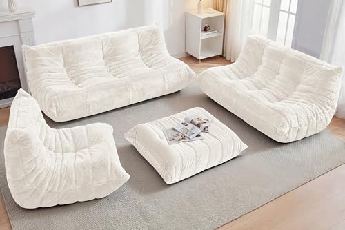 Image of Bean Bag Pouf Ottoman, Foot Stool, Foot Rest with Memory Foam Filled, Rectangle Ottoman for Living Room, Bedroom, Office (Beige Plush)