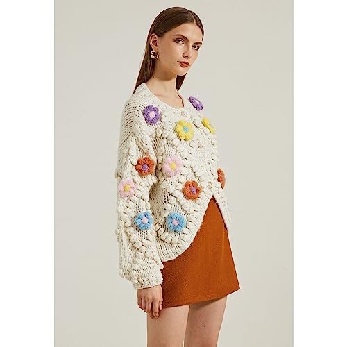 Image of CHICWISH Women's Cream Button Up Floral Pom-Pom Knit Cardigan