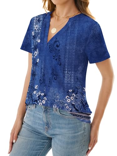 NORACORA Women's V Neck Short Sleeve T Shirt Summer Casual Tops Loose Fit Basic Blouses Trendy Fashion for Work Daily Wear Floral-Blue White S — view 4