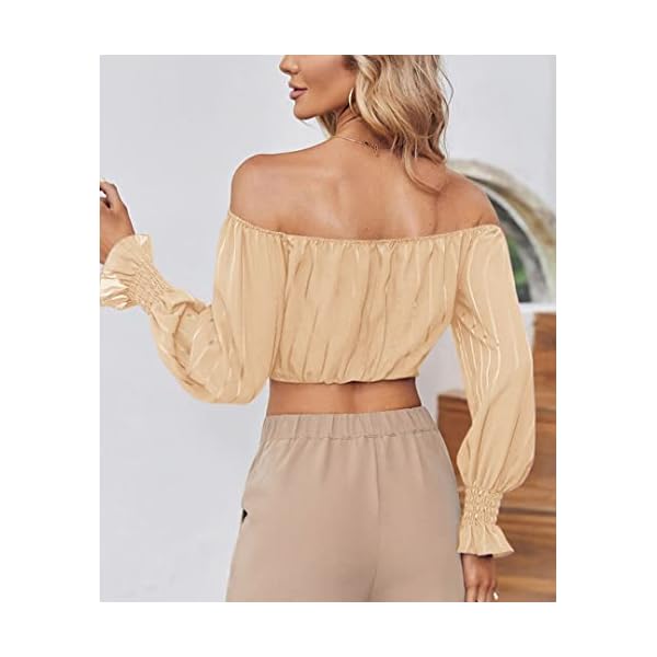 MIRACMODA-Womens-Elegant-Off-The-Shoulder-Puff-Sleeve-Blouse-Summer-Chiffon-Slim-Fit-Party-Crop-Top MIRACMODA Womens Elegant Off The Shoulder Puff Sleeve Blouse Summer Chiffon Slim Fit Party Crop Top Apricot