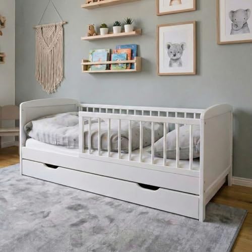 Kids Collective Kinderbett 70x140 cm mit Matratze, Schublade, Lattenrost und Rausfallschutz in weiß, mit Bettkasten, Made in Europe Junior-Bett bis zum 6. Lebensjahr