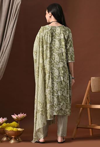 Image of Amazon Brand - Tavasya Women Cotton Anarkali Kurta Pant Dupatta Set | Printed Ethnic Suit Set | Flared Anarkali Kurta with Pant & Dupatta | Festive & Casual Wear