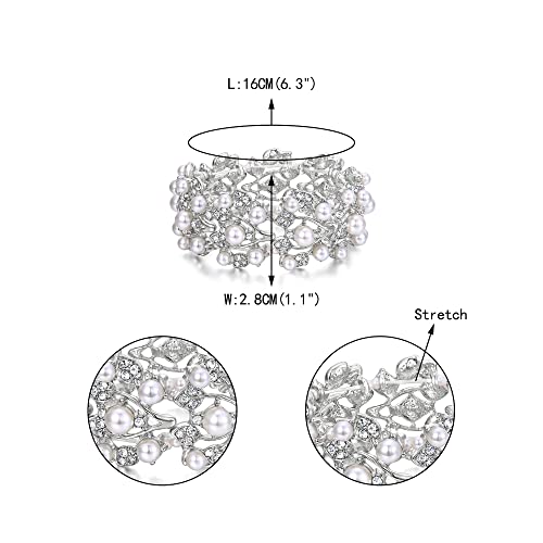 Ever Faith Silver-Tone Crystal Cream Simulated Pearl 1920'S Style Leaf Stretch Bracelet Clear #TOP3