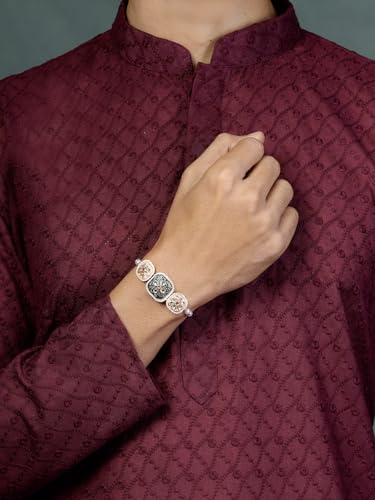 Image of Sukkhi Rakhi Traditional Kundan & Pearls Designer Meenakari Gold Plated Premium Rakhi for Brother with Roli Chawal & Greeting Card | Rakhi for Brother /Bhaiya /Bhai /Men|Rakhi Combo-Set of 2