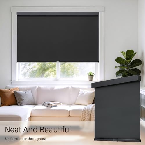 Image of Cordless Blackout Roller Shades, Free-Stop Window Shades Pull Down, Room Darkening Thermal Insulated Fabric Roller Blinds for Indoor Windows Bedroom Office (Black, 47 inch W x 72 inch H)
