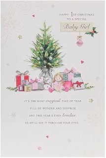 Baby Girl First Christmas Card with Envelope - Lovely, Cute, Design with Christmas Tree, Presents and Soldiers