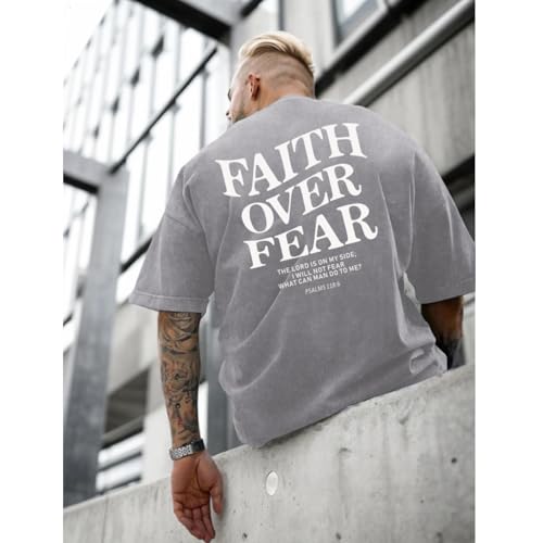 Image of Christian Faith Over Fear Shirt for Men Jesus Religious Shirts Oversized Graphic Tees Acid Wash God T-Shirt