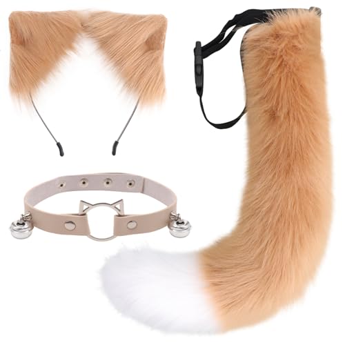 DRESHOW Fox Faux Fur Tail Cat Ears Headband Halloween Party Costume Neck choker Cosplay Set for Women, Faux Tail Set-17 Caramel & White