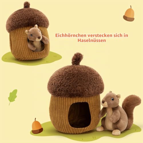 MorisMos braunes Eichhörnchen-Teddy mit Haselnusshäuschen, lebensechtes, kuscheliges Eichhörnchen-Plüschtier, Kawaii-Geschenke für Kinder… – Ansicht 3
