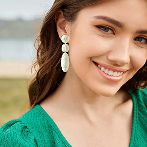 Boho Raffia Earrings For Women Girls - Statement Round Raffia Rattan Drop Earrings - Trendy Summer Beach Vacation Jewelry Gifts (White) #TOP1