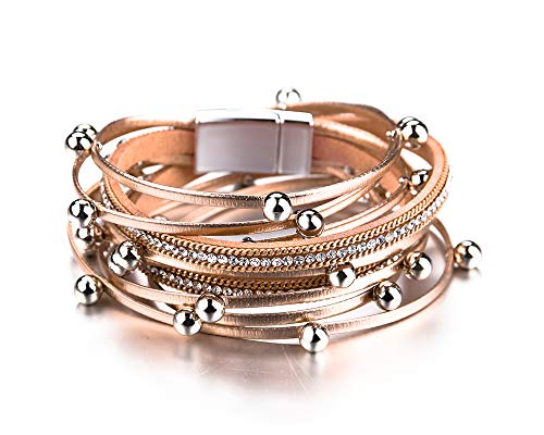 Fesciory Leather Wrap Bracelets for Women, Boho Leopard Multi-Layer Crystal Beads Cuff Bracelet Jewelry (RoseGold Beads)
