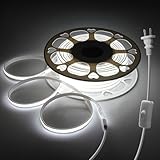 AC 110V LED Light Strips Outdoor Plug in Waterproof with Switch 82FT COB LED Strip Lights Self-Adhesive Cuttable High Density 288LEDs/M Daylight White 6000k COB Tape Light for Bedroom Courtyard Garden