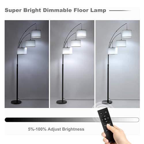 Image of Floor lamp with Remote, 3 Light Arc Floor Lamps for Living Room, 2400LM Tall Standing Floor Lamps with Gray Shades, 80 inch Large Floor Lamp for Bedroom, Office