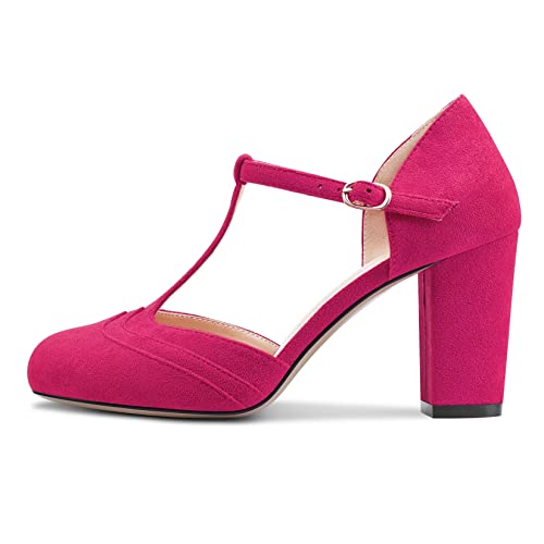 Castamere Women Chunky Block High Heel Round Toe Pumps T-Strap Buckle Wedding Office 3.3 Inches Heels2