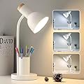 DSYHYL LED Desk Lamp for Home Office, Table Lamp with Pen Holder, 3 Color Modes Reading Light, Eye-Caring Desk Light with Gooseneck, Metal Study Lamp for Dorm Bedside Bedroom(White lamp)