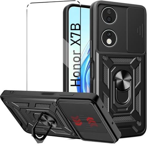 Cover e Vetrino Compatible con HONOR X7B antiurto Protezione Fotocamera 360° Metallo Anello Supporto Militare Antiurto Hard PC Custodia Vetro temperato Pellicola protettiva nero