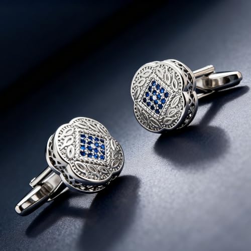 Set de Mancuernillas para Hombre Plateadas con Circonia Azul miniatura 4