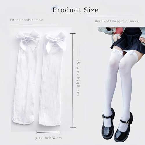 2 Pcs White Thigh High Bows Stockings for Women Over the Knee Socks Sexy Lolita Opaque Velvet Stocking2