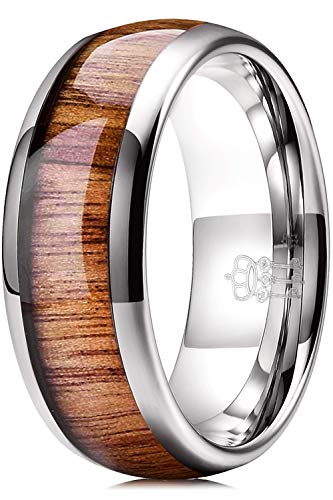 THREE KEYS JEWELRY 8mm White Tungsten Carbide Wedding Ring for Women with Koa Wood Inlay Domed Wedding Band Engagement Ring Comfort Fit Size 10.5
