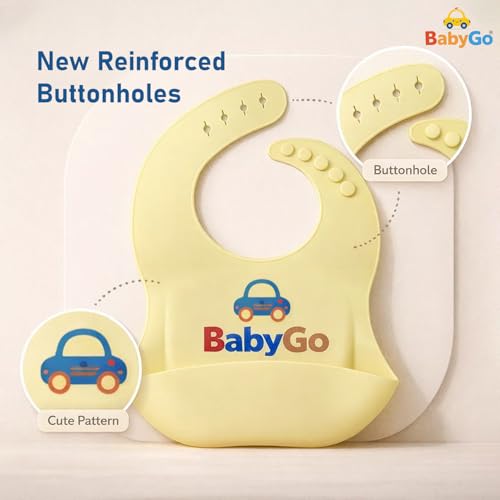 Image of BabyGo Silicone Bib for Feeding & Weaning | Adjustable Neckline with Buttons | BPA Free | Waterproof | Washable & Reusable | 0-24 Months | Soft, Mess Proof Baby Feeding Bib | Yellow | Pack Of 1