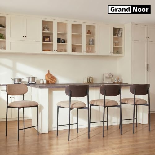 Image of GrandNoor Modern Bar Stools Set of 2, 24 Inch Upholstered Fabric Counter Height Stools with Curved Backrest & Metal Legs, Wood Grain Back Bar Chairs for Kitchen Island