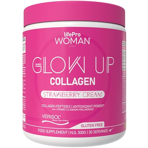 Collagene et Acide Hyaluronique Glow Up – Poudre Goût Fraise, Haute Teneur Vitamine C et Sélénium Antioxydant – Collagene Anti Âge – Beauté de la Peau, Cheveux et Ongles - 300g (30 Doses)