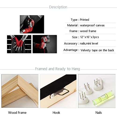 Sechars 3 Piece Black And White Red Canvas Wall Art Boxer With Red Boxing Bandages Picture Painting Gym Sports Bodybuilding Poster Prints Framed For Man Bedroom Decor Ready To Hang (Small) #TOP5