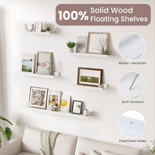 Acovy Floating Shelves for Wall, 36 inch Solid Wood Picture Ledge Shelf, Picture Shelf for Wall with Ledge, Floating Book Shelves for Living Room Bedroom Kitchen Nursery Decor, White, Set of 2