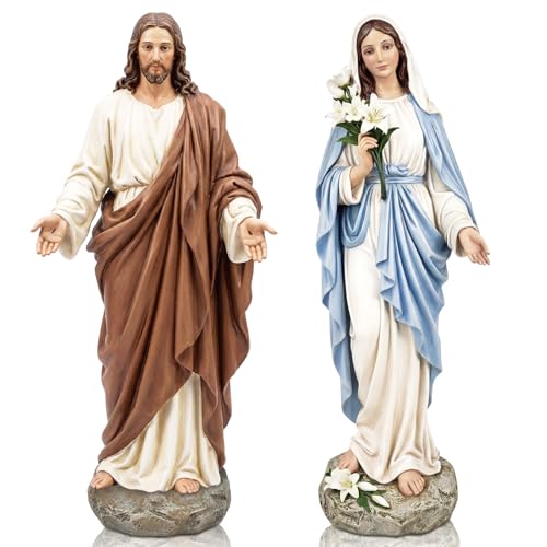SiliFine Blessed Mother Mary Statue and Jesus Statue Set 10 Inch Hand Painted Religious Resin Sculptures Gift Catholic Christian Altar Home Decor Renaissance Art Duo Collection