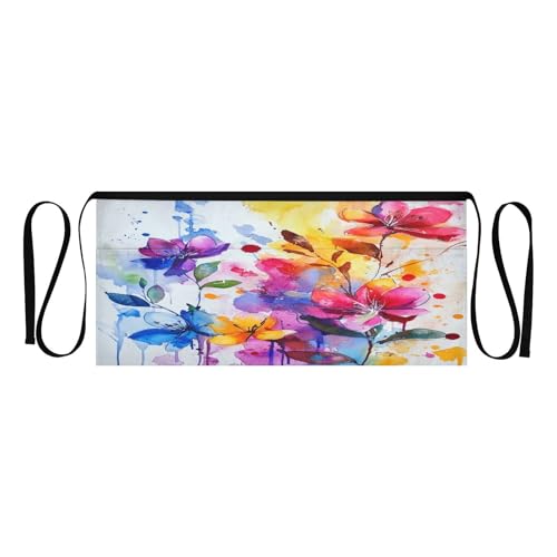 Kigai Colorful Flowers Server Aprons for Men Women Water & Oil Resistant Waitress Waiter Waist Apron with 3 Pockets