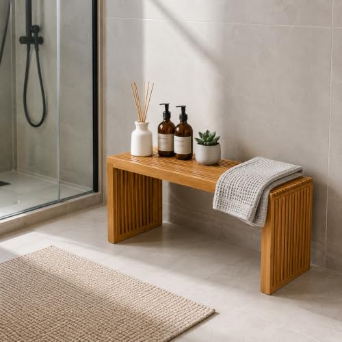 Image of APRTAT Bamboo Dining Bench 35 Inch Indoor Wooden Shoe Benches for Entryway