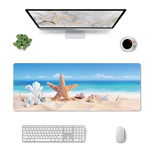 Tropical Seashore Gaming Mouse Pad,Extended Golden Beach Starfish Seashell Keyboard Mouse Desk Mat,Non-Slip Rubber Base Thick Stitched Edges Waterproof Mouse Mat Desk Pad 31.5"X15.7" #TOP5
