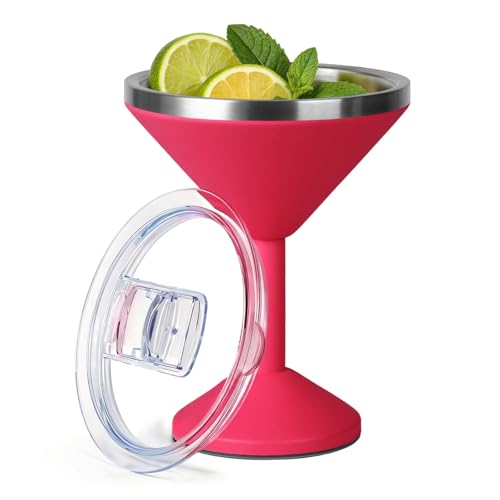 Daximo 13 oz Double-Wall Vacuum Insulated Martini Tumbler – Stainless Steel Martini Glasses with Lid and Non-slip Base – Elegant Large Martini Cups for Perfectly Chilled Drinks (Red)