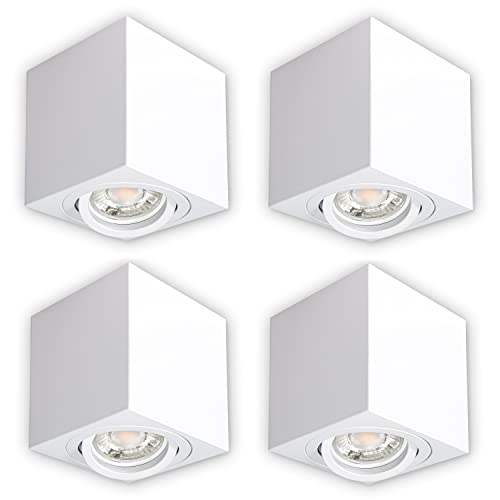 INNOVATE LED Aufbauspot - 35° schwenkbare Aufbauleuchte - kompakter Aufputz Deckenspot - moderner IP20 Aufbaustrahler GU10 Fassung - flaches Downlight excl. Leuchtmittel (4 Stück, Weiß Eckig)