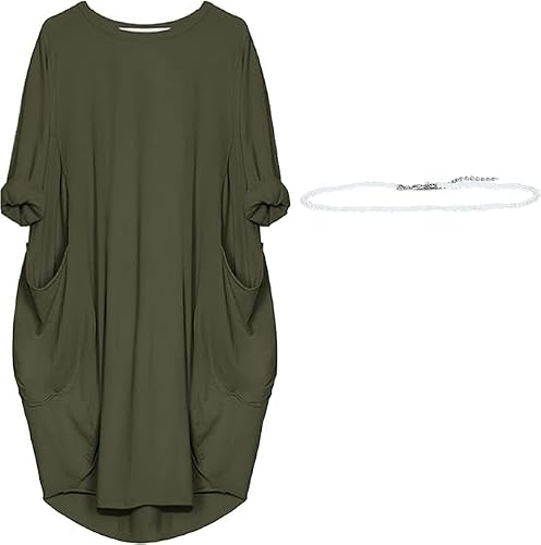 Image of aromm Women T Shirt Dress Crew Neck Loose Plain Casual Plus Size Midi Dress Army Green,3XL