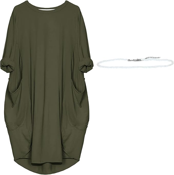 aromm Femme T-Shirt Robe Col Rond Ample Plaine Décontractée Grande Taille Midi Robes Vert Armée,XXL
