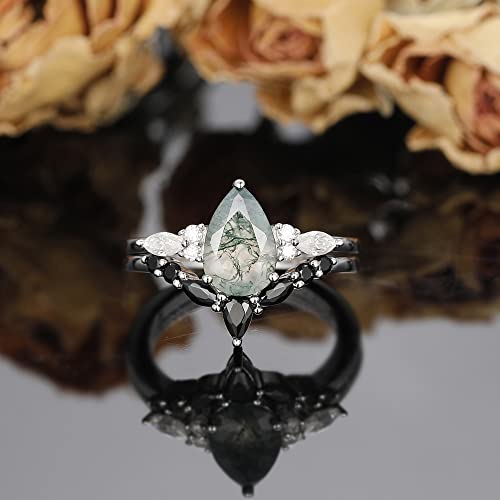 Irroya 1.50 Carat Pear Cut Natural Moss Agate Wedding Rings Sets - Genuine Moissanite Engagement Ring - Black Spinel Eternity V Shaped Wedding Band - Sterling Silver Matching Rings - Art Deco Ring Sets - Platinum Plated 925 Silver Statement Ring - Gifts For Women - Dainty Promise Ring (7) #TOP5
