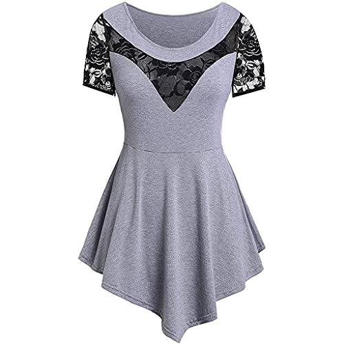 Hubei1 Camiseta feminina plus size manga curta sexy transparente renda floral patchwork túnica top g