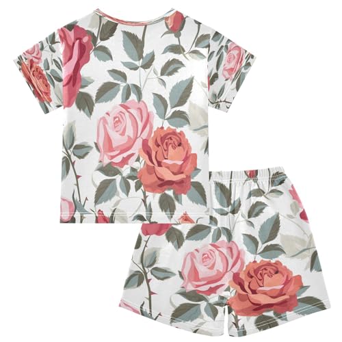 senya Short Sleeve Pajamas Sets Summer Cotton Sleepwear Tile Rose Rose Tile Red Leaves2