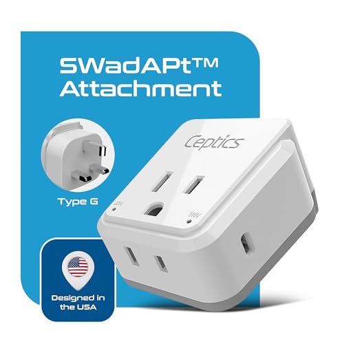 Image of Ceptics UK, Hong Kong, Travel Plug Adapter Set, Safe Grounded USB-C 30W PD & QC 3.0-2 USA Socket - Compact & Powerful - Ireland, England, Dubai, Saudi Arabia - Includes Type G Swadapt Attachments