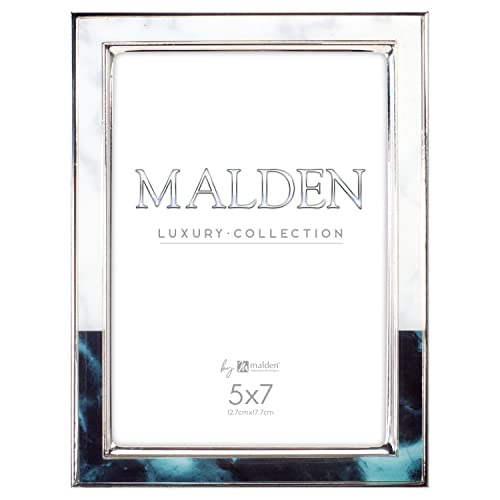 Malden International Designs 5x7 Two Tone Marbled Metal Picture Frame White Emerald Green Shiny Silver Finish