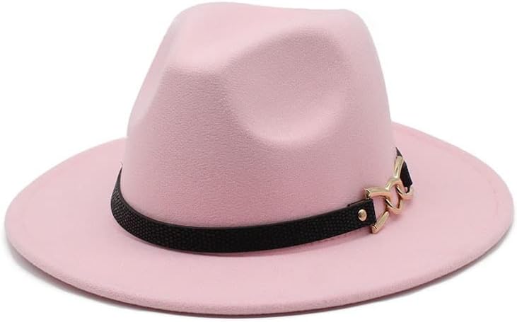 Wide Brim Felt Fedora Hats for Women Panama Hat with Metal Belt Buckle Vintage Floppy Hat Dress Hat (Color : Brown, Size : One Size)