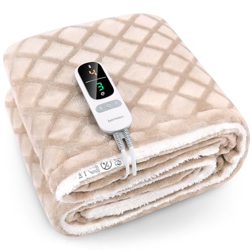 berssen Manta Eléctrica 180x130CM - 6 Temperaturas - Timer 9 - Protección contra Sobrecalentamiento, Manta Térmica Apagado Automático, Lavable a Máquina - Diseño Cuadrado Marrón