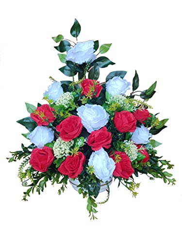 DRW Centro de Flores Artificiales Cementerio, Santos, Aniversarios Rosas Blancas y Rojas 55 cm Ancho x 60 cm Altura x 25 cm Profundidad (Aprox)