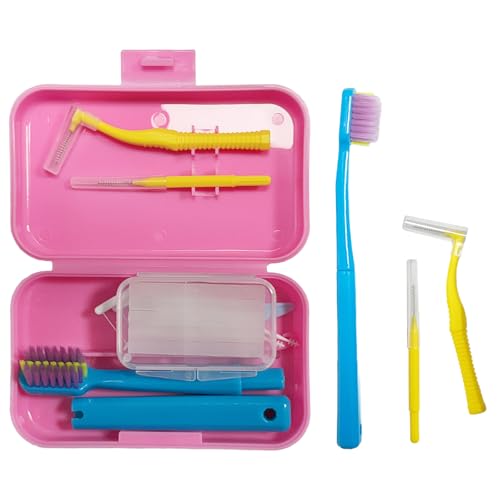 6-in-1 Orthodontic Oral Care Kit with Case Detachable Toothbrush Interdental Brush Dental Floss Pick Toothpick Brush Dental Wax with Cutter Elastic Hook Set for Braces Daily Travel Use (Pink)