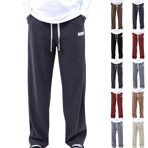 Corduroy Pants Men Relaxed Fit Drawstring Elastic Waist Baggy Chino Pants Wide Wale Pants Twill Slacks with Pockets