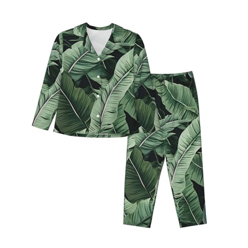 Pyjama 2 pièces doux pour femme à boutons et motif feuilles de palmier noir